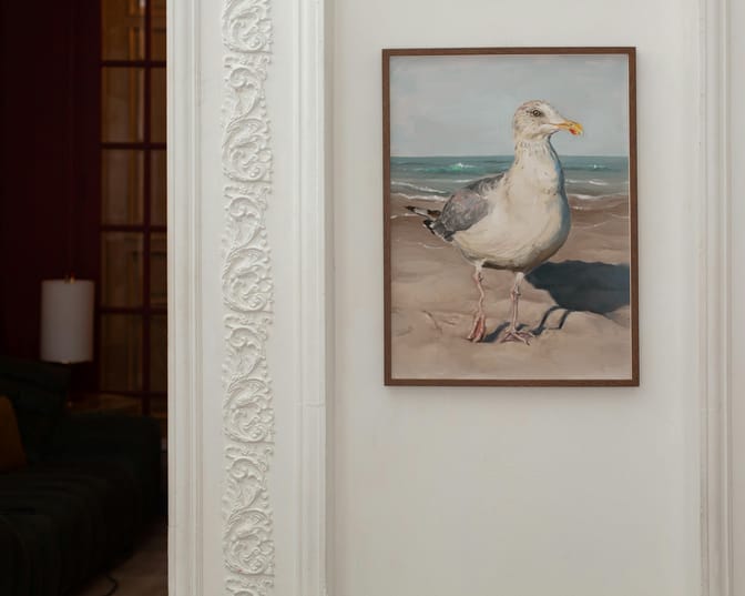 "Wobbly Seagull"  framed in a hallway